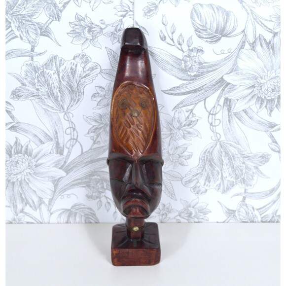 Vintage Haitian Wooden Hand Carved African Tribal Moon Head Sculpture Statue - Picture 2 of 11